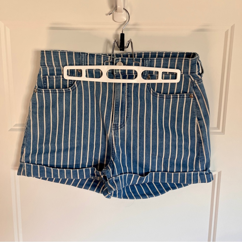 Striped Blue Denim Mom Shorts